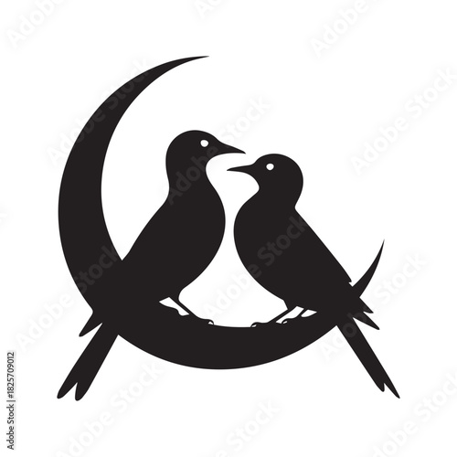 Two birds silhouetted on a crescent moon