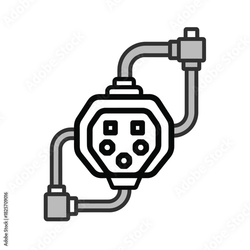 Monochrome vector graphic of an industrial junction box with pipes, representing a power distribution unit or a complex connectivity hub