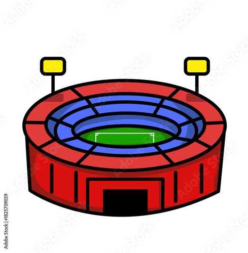 Illustration of a red stadium with blue seating and green field under yellow lights