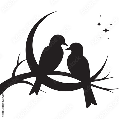 Two birds silhouette on a branch with moon and stars