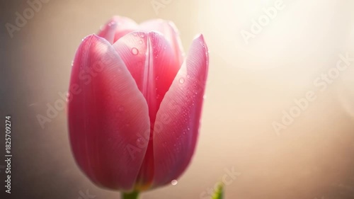 Close-up of a pink tulip with dew drops against a soft background