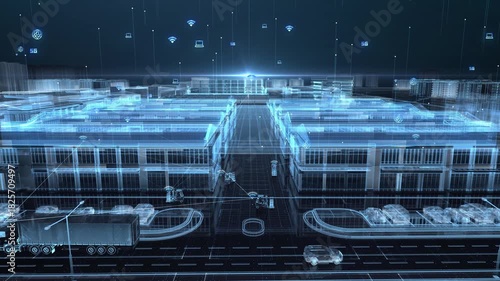 Holographic images, aerial views of modern factories, scenes of artificial intelligence technology,5G signal coverage extends throughout the park and port, enabling trucks to transport goods.3D render