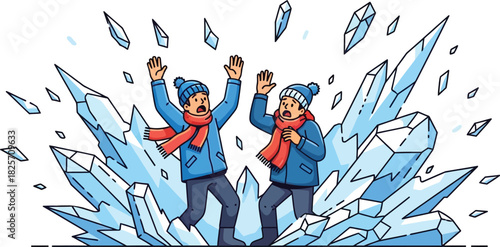 Dynamic winter scene of two people reacting to bursting ice in dramatic action artwork with clear lines