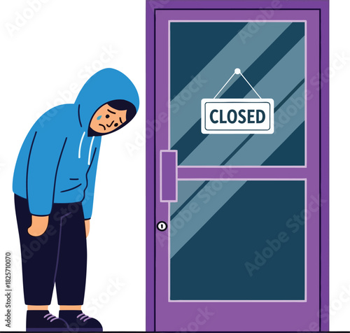 Emotional scene of a sad man standing outside a shop displaying a closed sign high-quality editable EPS vector file