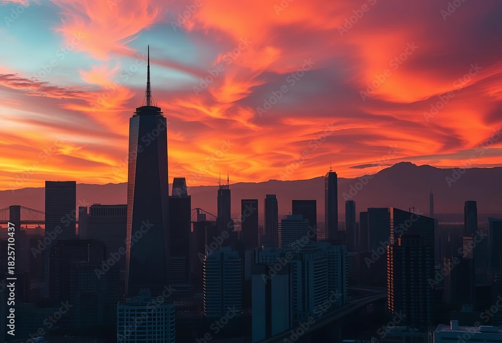 Fototapeta premium Golden hour hues paint cityscape, skyscrapers silhouetted against fiery sky, buildings, blue