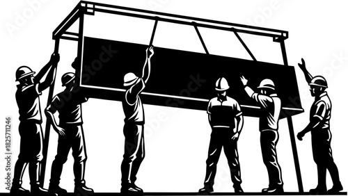 Construction Workers Installing Billboard Silhouette Vector