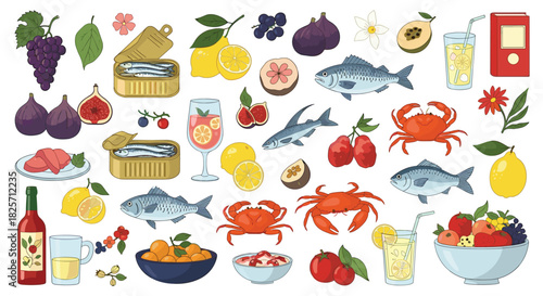 Colorful flat lay illustration showcasing a diverse selection of healthy foods, such as fresh fruits, seafood, vegetables, and refreshing beverages, on a white background.
