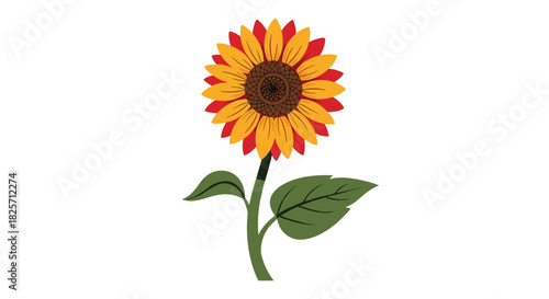 A vibrant illustration of a sunflower with colorful petals and green leaves, standing tall and bright against a clean white background, symbolizing summer and nature's beauty.
