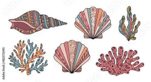 A collection of beautifully illustrated and patterned seashells, corals, and seaweed, rendered in a modern bohemian style with a soft, muted color palette, perfect for ocean-themed designs.
