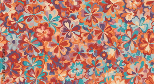 A vibrant and playful seamless pattern features an abundance of stylized, groovy flowers in a rich retro palette of oranges, reds, blues, and purples, creating a nostalgic bohemian design.