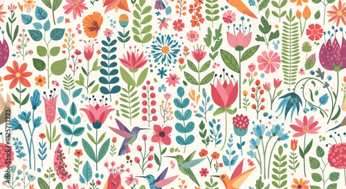 A cheerful and vibrant seamless pattern showcasing an abundance of whimsical stylized flowers, diverse green foliage, and graceful hummingbirds on a light background.
