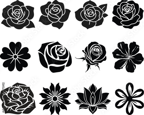 Set of black rose flower silhouettes floral design elements on white.Vector rose icon. Set of decorative flower silhouettes for your design.Set of decorative rose with leaves. Flower silhoutte. 