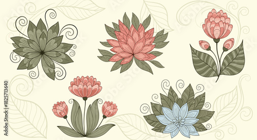 Vintage hand-drawn floral collection in muted tones, featuring various blossom and leaf designs, perfect for rustic and elegant decorative patterns or backgrounds.