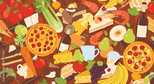 An abundant and colorful assortment of fresh fruits, vegetables, baked goods, seafood, and beverages, artfully arranged on a rustic table, signifying a bountiful feast.