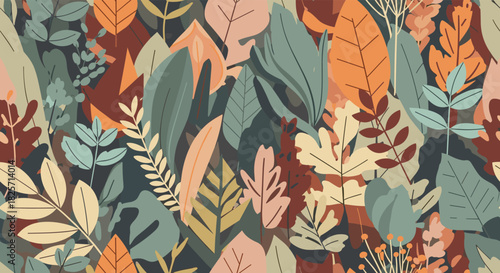 A vibrant, seamless botanical pattern featuring a diverse array of autumn-colored leaves and foliage, creating an organic and decorative natural background.