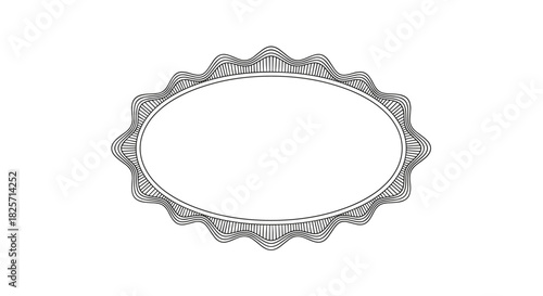 A classic black and white oval certificate or badge frame featuring an ornate, wavy guilloche pattern border on a clean white background, ideal for elegant designs.