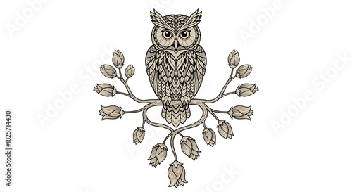 An intricately detailed, stylized owl sits majestically on a winding branch adorned with numerous closed flower buds, presented in a vintage line art illustration.