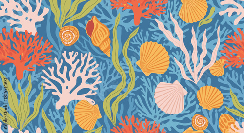 Seamless underwater pattern featuring colorful corals, various seashells, and flowing green and pink seaweed, set against a vibrant blue backdrop of branching coral textures.