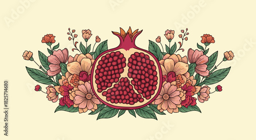 Decorative hand-drawn illustration of a juicy, halved pomegranate, rich with red arils, surrounded by a charming bouquet of assorted blooming flowers and lush green foliage.