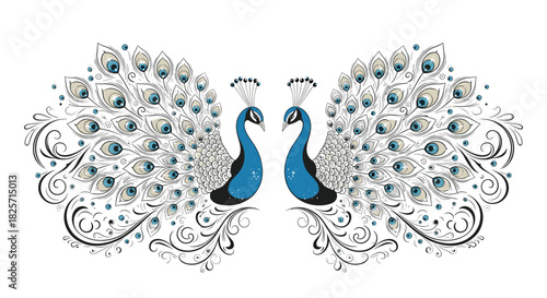 A symmetrical and elegant illustration of two peacocks facing each other with ornate, spread tails adorned with blue and beige eye-like patterns and decorative flourishes.