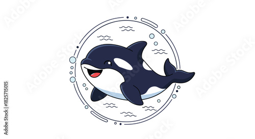 A cheerful and adorable cartoon orca, dark blue and white, playfully swims within a circular line art frame adorned with subtle waves and bubbles, radiating a friendly aquatic charm.