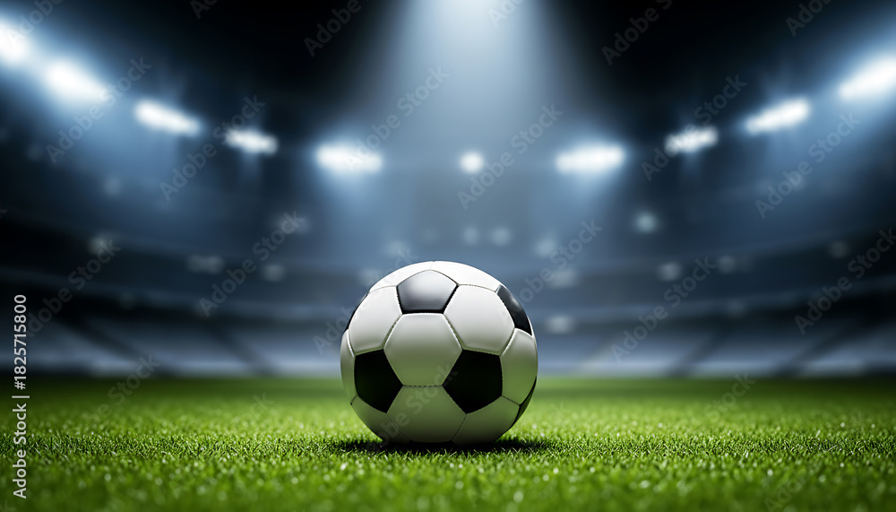 Obraz premium Football ready for action on the illuminated stadium pitch at night