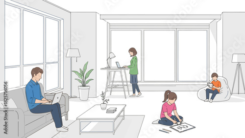 Family working and learning from home in a bright modern living room with devices and creative activities