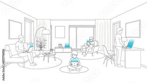 Family Connected Adults and Child Using Laptops and Tablets in a Modern Living Room