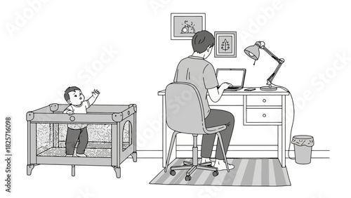 Parent Working From Home While Child Plays Safely in Playpen