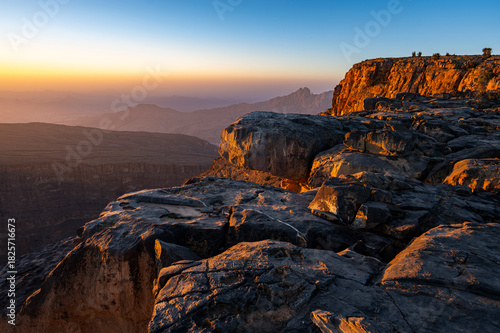 Tranquil scene from the Al Hajar Mountains, Oman. Landscape near the Balcony Walk, Jabal Shams and the Grand Canyon of Oman.