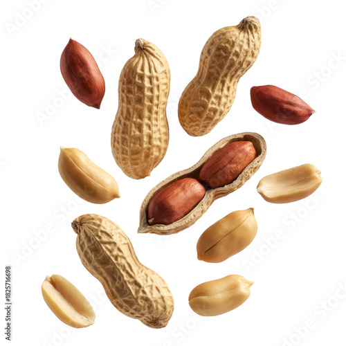 Peeled, unpeeled and whole shell peanuts isolated on transparent white background 