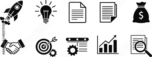 Business and startup black and white icon set representing growth and success