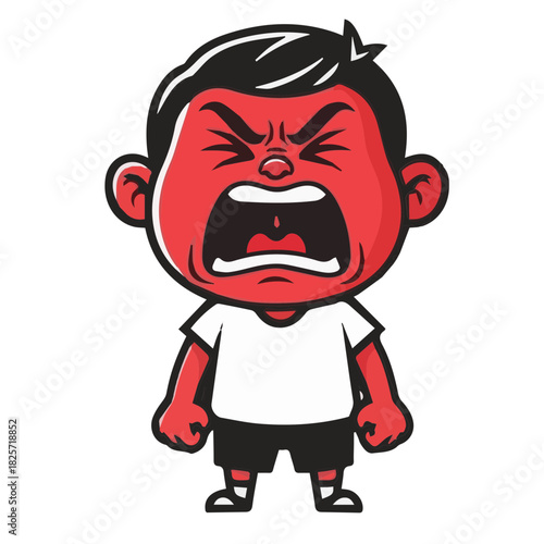 Close-up vector illustration of a boy's head with an intense red face, screaming and shouting in extreme anger or frustration. Represents tantrum, rage, or strong negative emotion.