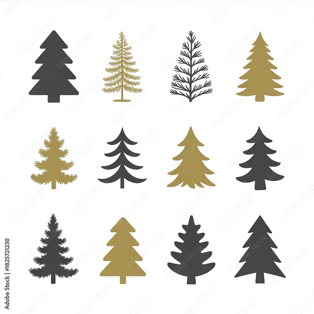Obraz premium Christmas Tree Collection Vector Illustration Set Holiday Design Elements Winter Season Pine Trees Gold and Black Colors Festive Decorations