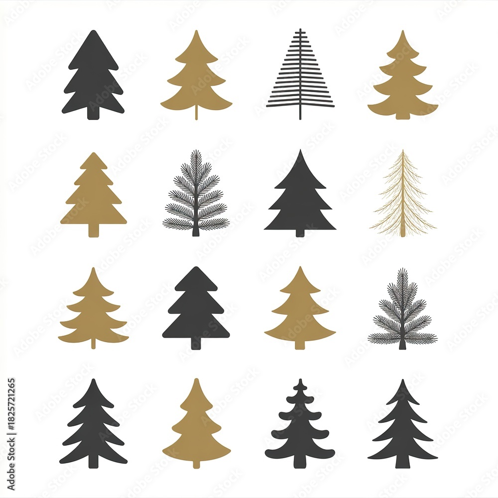 Obraz premium Christmas Tree Vector Collection Black Gold Design Elements Holiday Seasonal Illustrations Festive Decorations Winter iconography