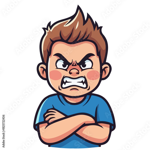 Vector illustration of a little boy character with an extremely angry and frustrated expression, scowling with his arms crossed. Represents intense negative emotion or tantrum.