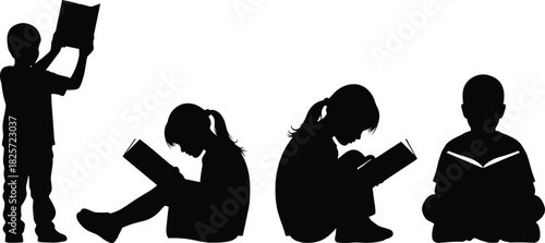 Silhouette of children reading books in various sitting and standing positions representing education, learning, knowledge, childhood study and literacy development