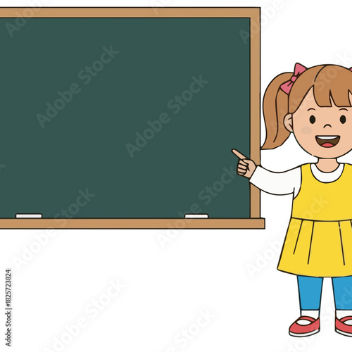 Vector illustration of a little girl in a yellow dress standing next to a large, blank chalkboard, pointing towards it. Represents school, education, presentation, and learning.
