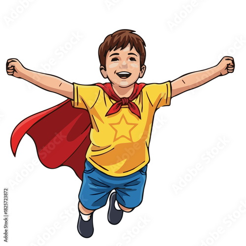 Dynamic vector illustration of a little boy wearing a superhero cape and costume, jumping or flying with his arms outstretched. Represents imagination, hero, and dreams.