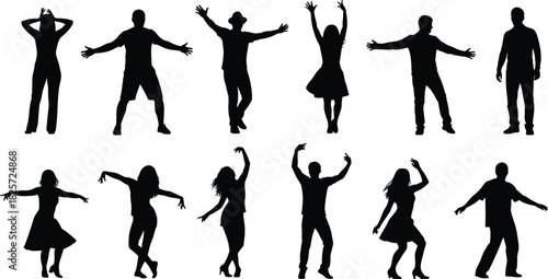 Collection of dancing people silhouettes showing energetic movement, joyful dance poses, party celebration figures, dynamic choreography illustration 