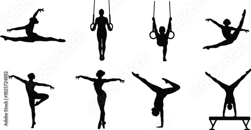 Gymnastics athlete silhouette set performing artistic gymnastics poses, dance movements, balance beam skills, rings exercises, flexibility and acrobatic sports illustration