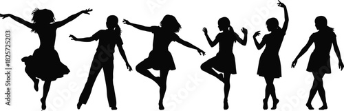 Group of dancing girl silhouettes in various expressive poses, energetic female figures performing joyful movement and creative dance steps for vector 