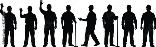 Silhouettes of construction workers standing, waving, walking, and holding tools in various poses, industrial labor workforce vector illustration for design projects