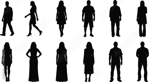 Collection of walking and standing male and female silhouettes, diverse human poses, full body vector figures for design, illustration, and graphic projects