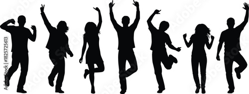 Group of happy dancing people silhouettes celebrating together with energetic poses, joyful movement, party dance actions and expressive body gesture illustration