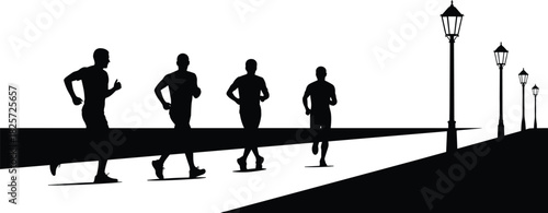 Silhouette runners jogging on outdoor pathway with street lights, group athletes training together during morning fitness exercise in urban running environment illustration