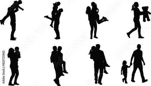 Silhouette parents holding children in playful and loving poses, family bonding activities, parent child interaction illustration for emotional stock design