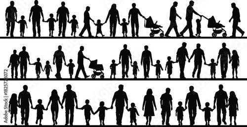 Family walking silhouettes set showing parents with children, stroller and group activities representing parenting, childhood, unity, support and happy family life