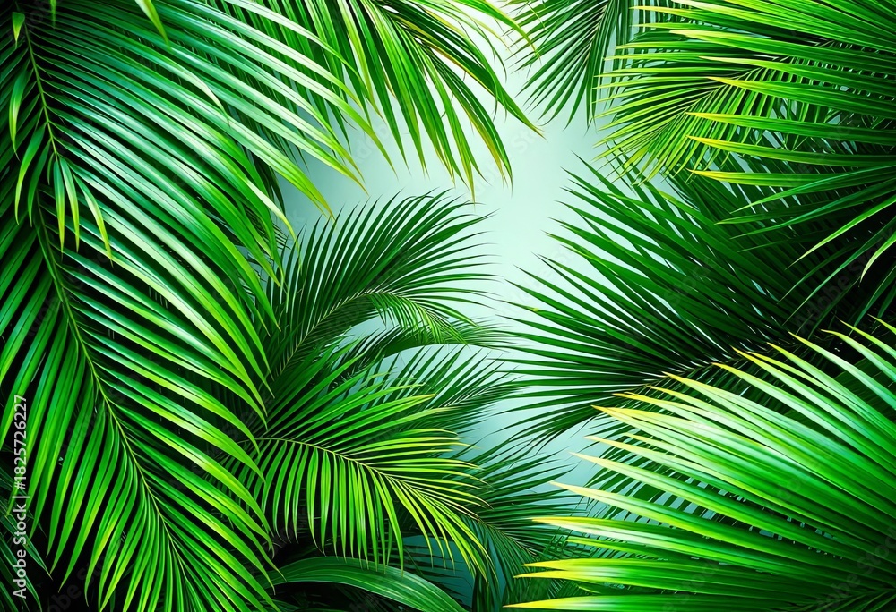 Fototapeta premium Intricate frame of lush green palm leaves, tropical backdrop, image, shadow
