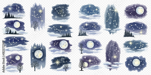Watercolor night sky illustrations with stars, moon, and silhouetted trees and landscapes, featuring various celestial scenes.